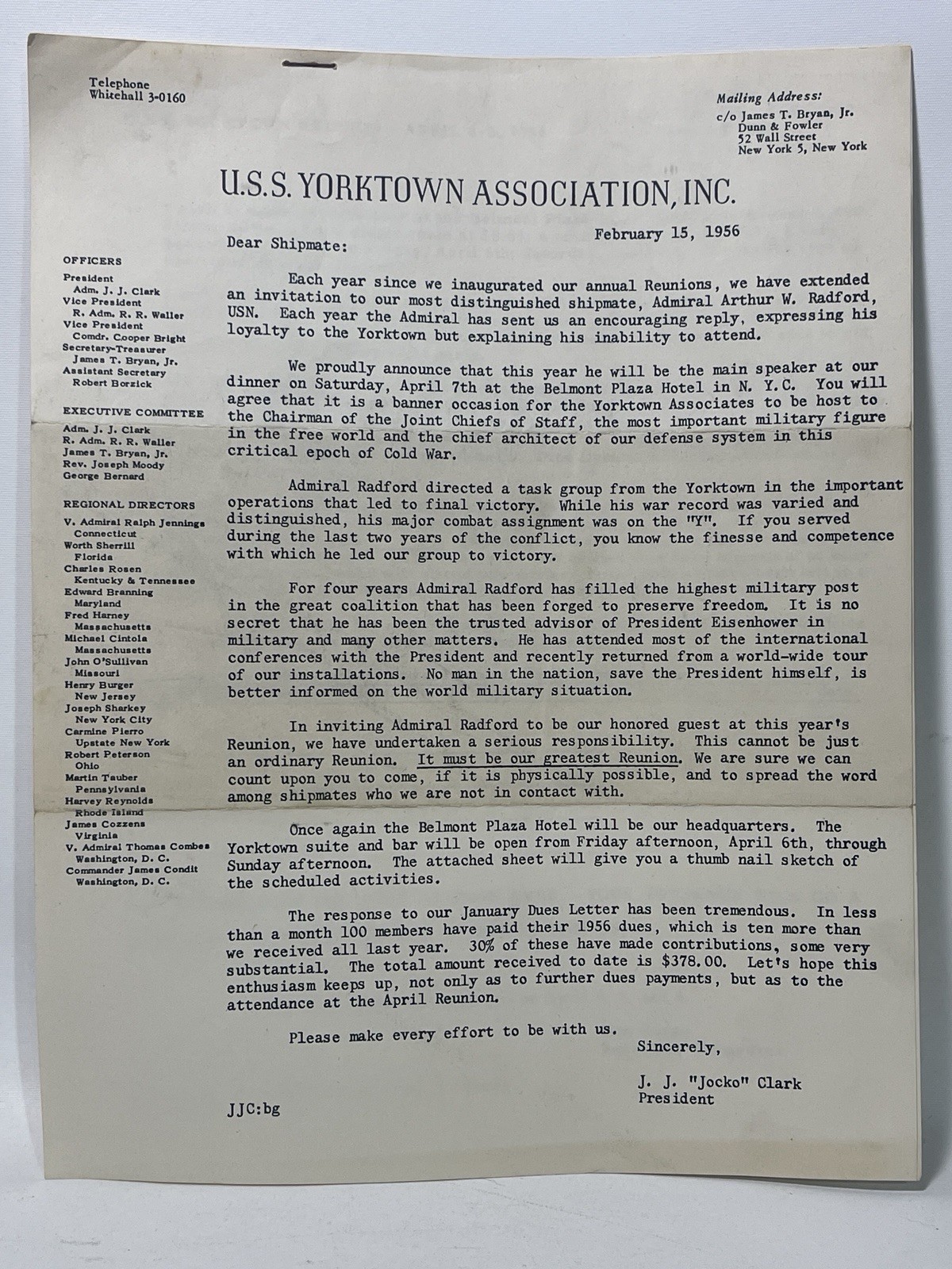 USS Yorktown CV-10 Reunion Letter JJ Jocko Clark
