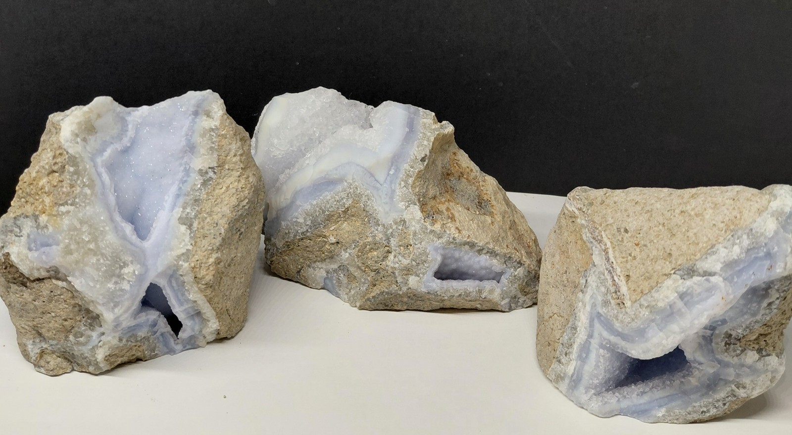 3 Pc Lot Blue Lace Agate Geode, Crystal Druzy Geode Natural Chalcedony #E9207 3 Pc Lot Blue Lace Agate Geode, Crystal Druzy Geode Natural Chalcedony #E9207