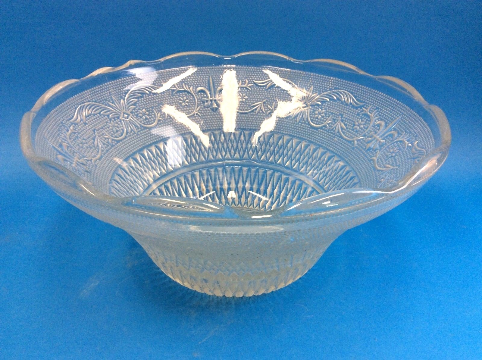 Chipped Pressed Dimpled Clear Glass Punch Bowl Malaysia Vintage Used Old