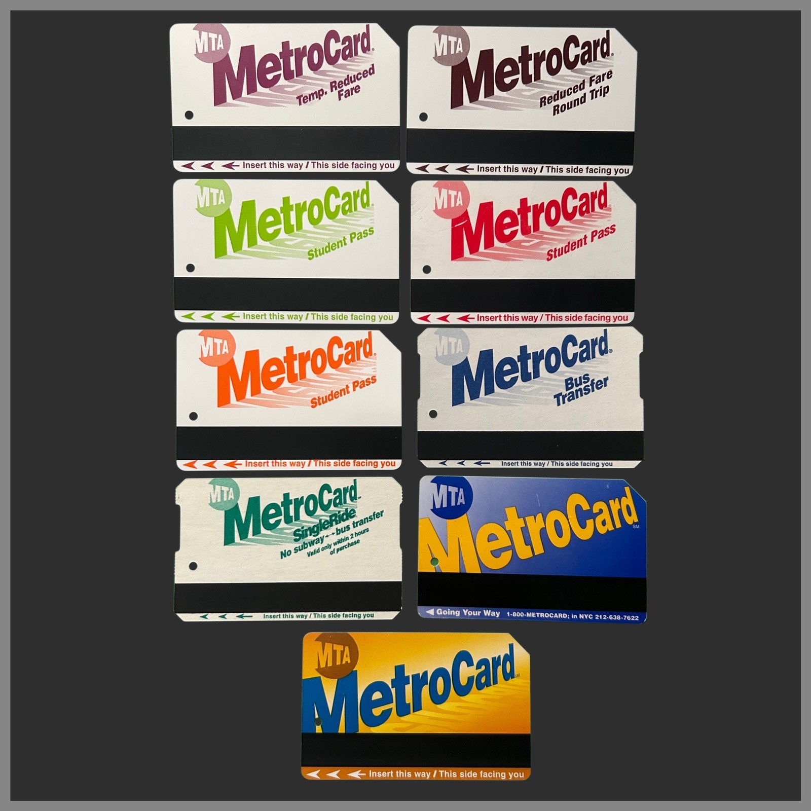 Rare NYC MetroCard Front Color Variations Collection - 9x Used Sets.