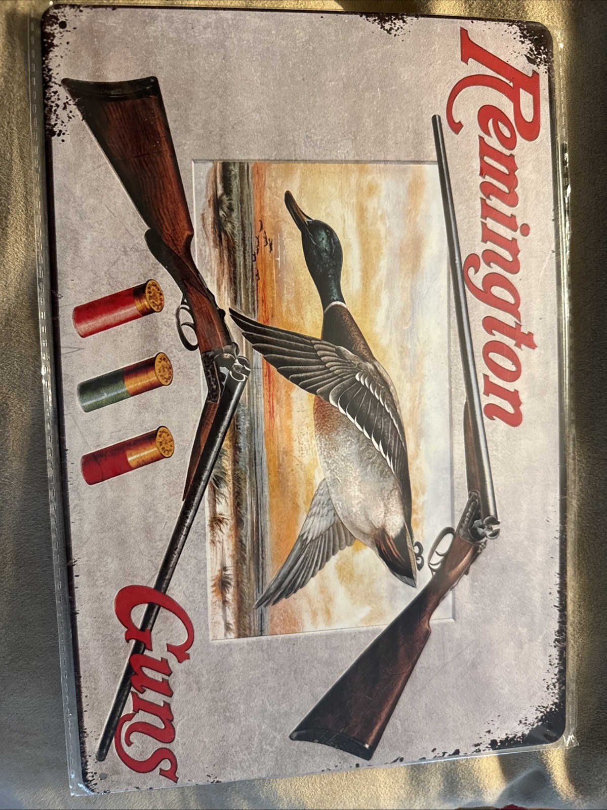 “Remington Guns” W/Two Shot Guns & Mallard Duck Metal Tin 8”x12”