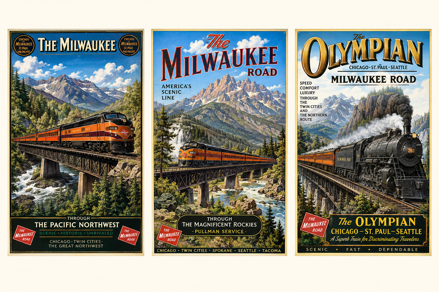 Milwaukee Road Railroad Train Poster bundle of 3 Vintage Style Art 11 x 17
