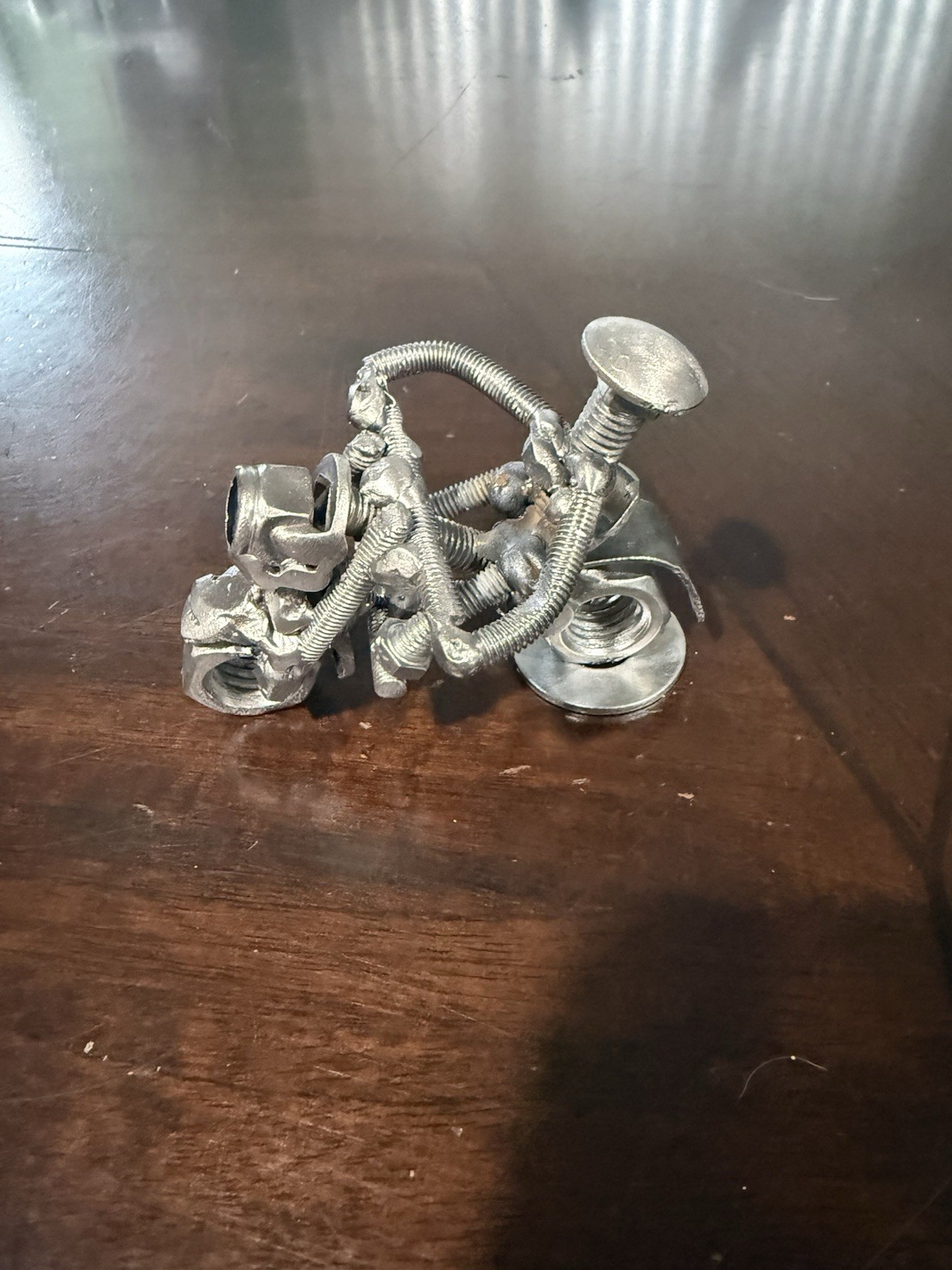 Silver Metal Motorcycle Figurine Sculpture, Handmade Nuts & Bolts, 3D Effect