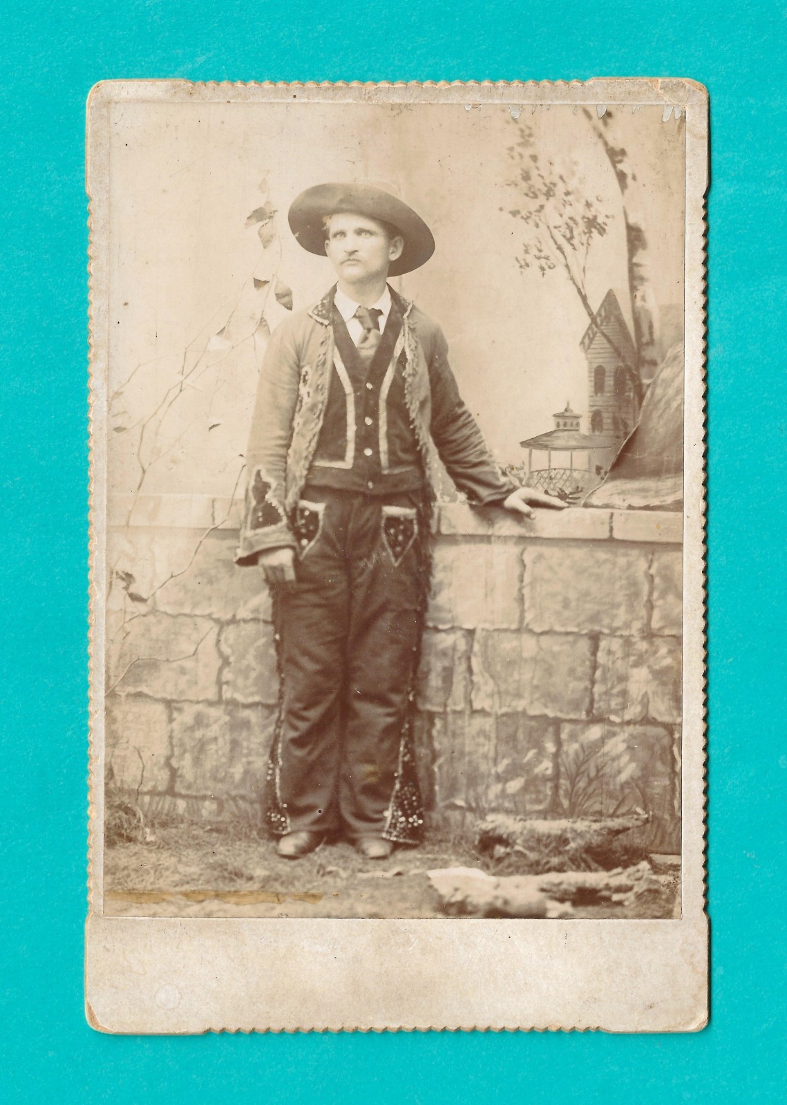 1890s Cabinet Card Photo Young Cowboy Wild West Fringed Jacket Studded Chaps