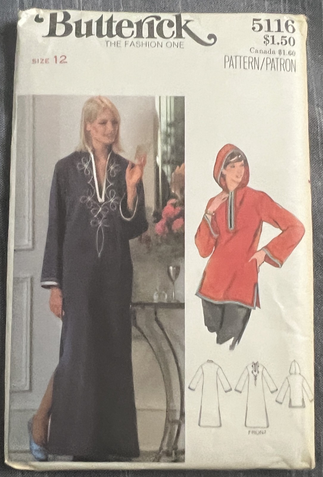 Vintage Butterick Pattern 5116 TUNIC or CAFTAN Hood Retro Mod Size 12 HTF