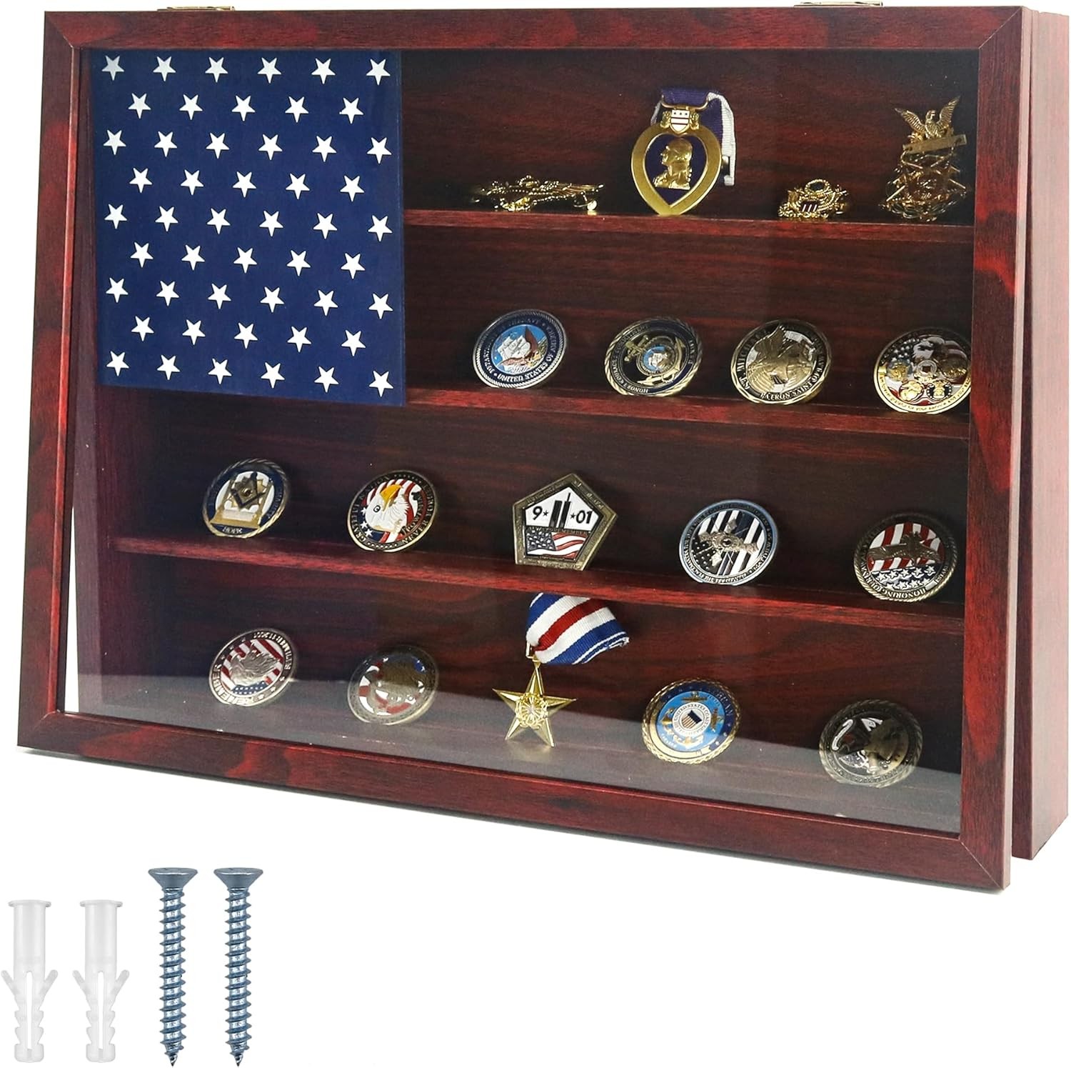 Military Challenge Coin Display Frame 12x16, Wooden American Flag Wall Decor Med
