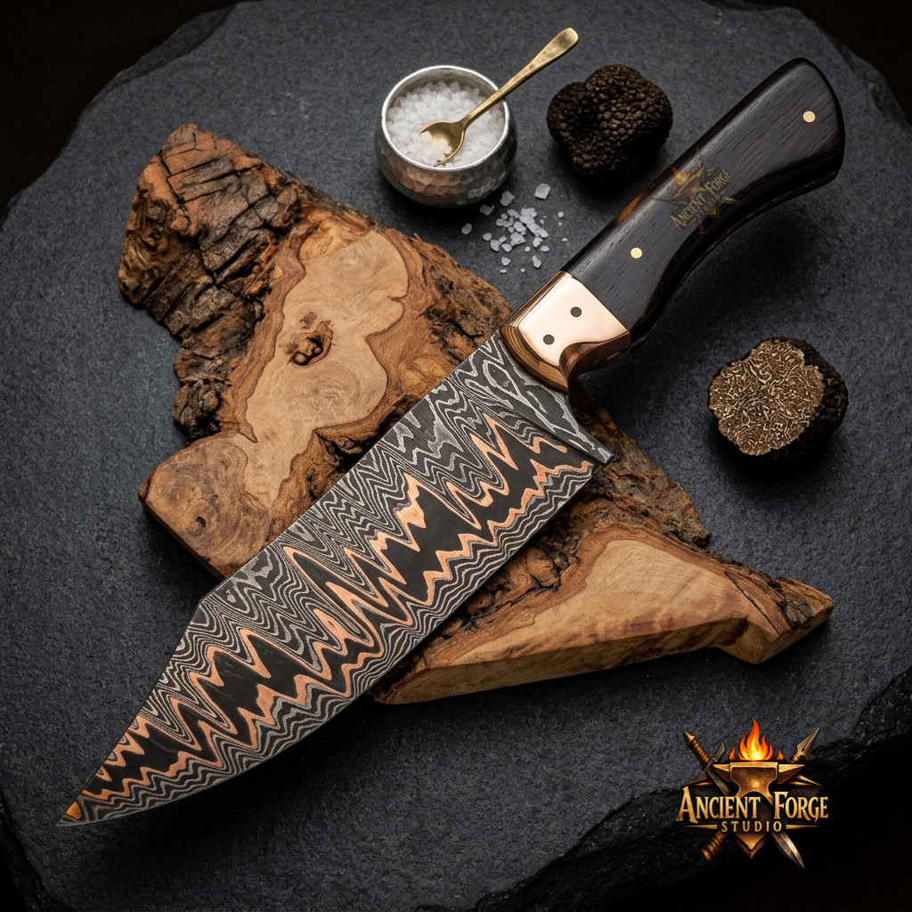 Copper Damascus Knife Bushcraft Model | Handmade | Leather Sheath