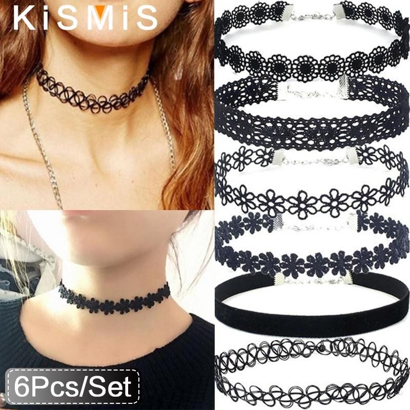 6pcs Black Lace Choker Set, Gothic Punk, Vintage Elastic Necklaces, Women’s Jewe