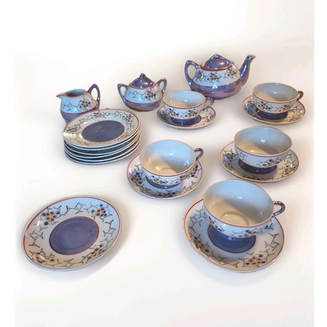 1940s Bone China Lusterware Geometric Design 20 Piece Set for 5 Made in JAPAN