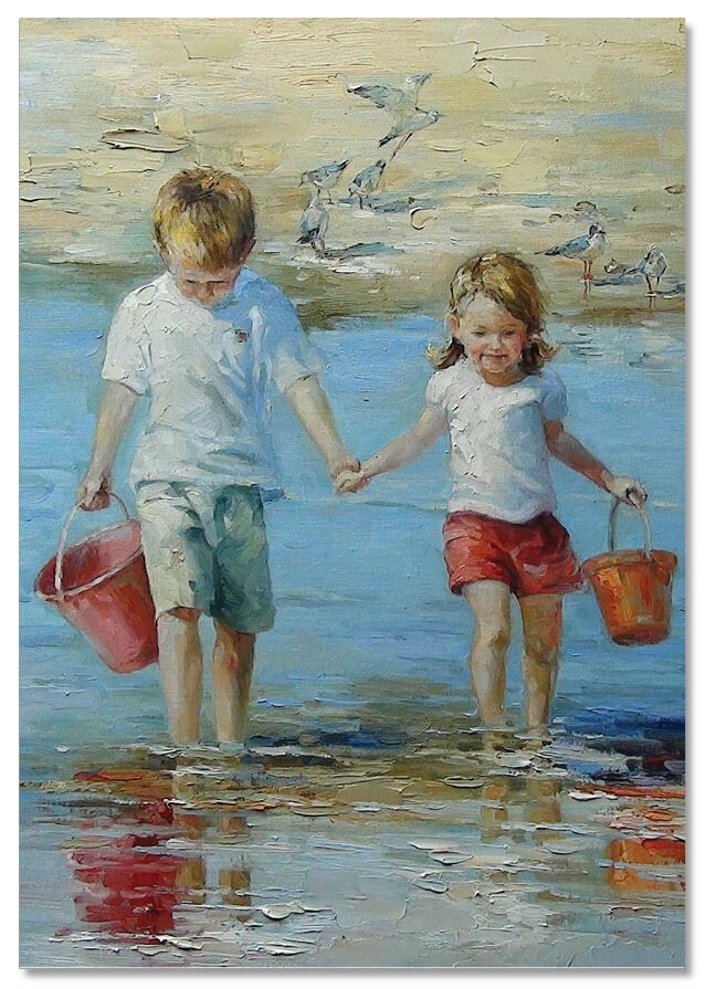 Two Pretty GIRL & BOY On the coast Birds ART Morozova Russian NEW Postcard