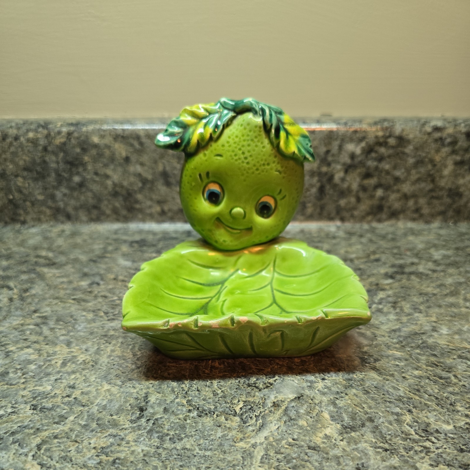 Ceramic Enesco Anthropomorphic Vtg Green Apple Soap Scrubby Tray Holder Ceramic Enesco Anthropomorphic Vtg Green Apple Soap Scrubby Tray Holder