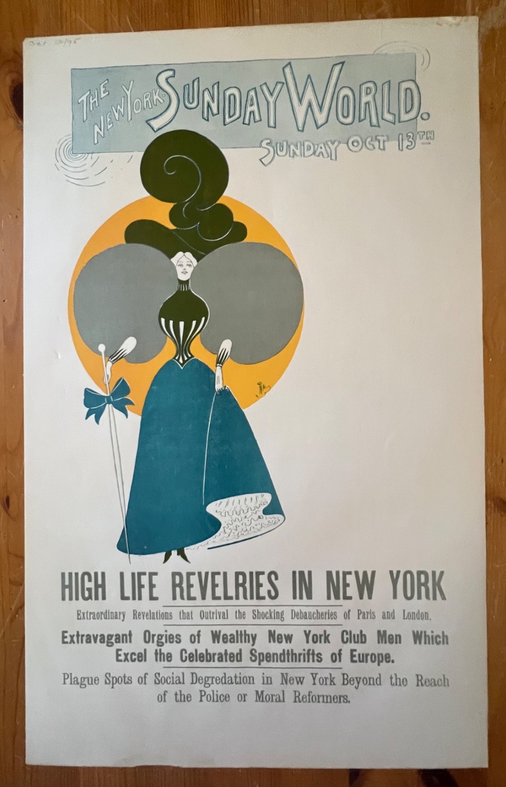 Original 1895 Sunday World Newspaper Poster - High Life Revelries Art Nouveau Original 1895 Sunday World Newspaper Poster - High Life Revelries Art Nouveau