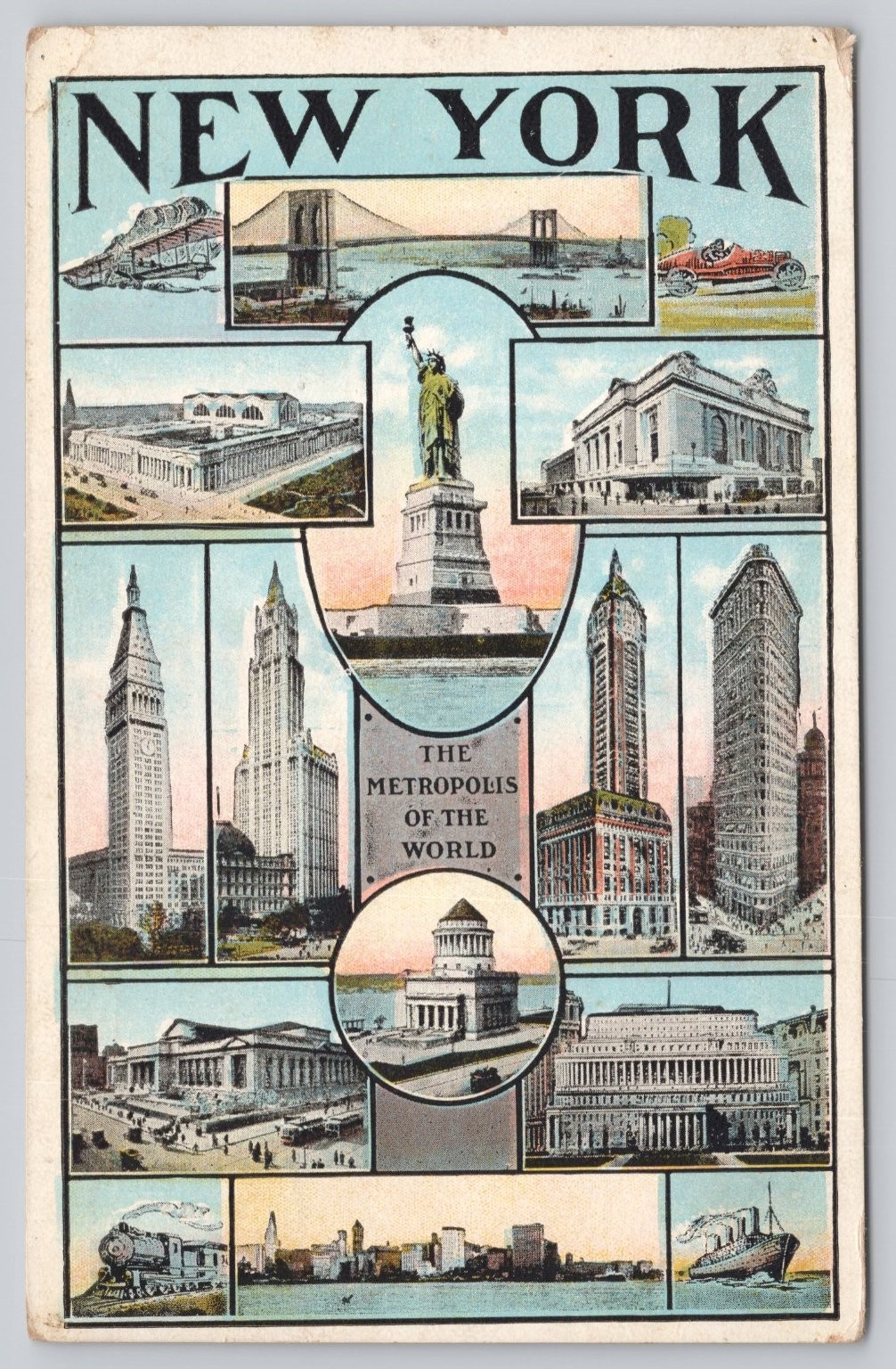 1920 NYC Multi-View Postcard - Statue of Liberty, Flatiron, Brooklyn Bridge