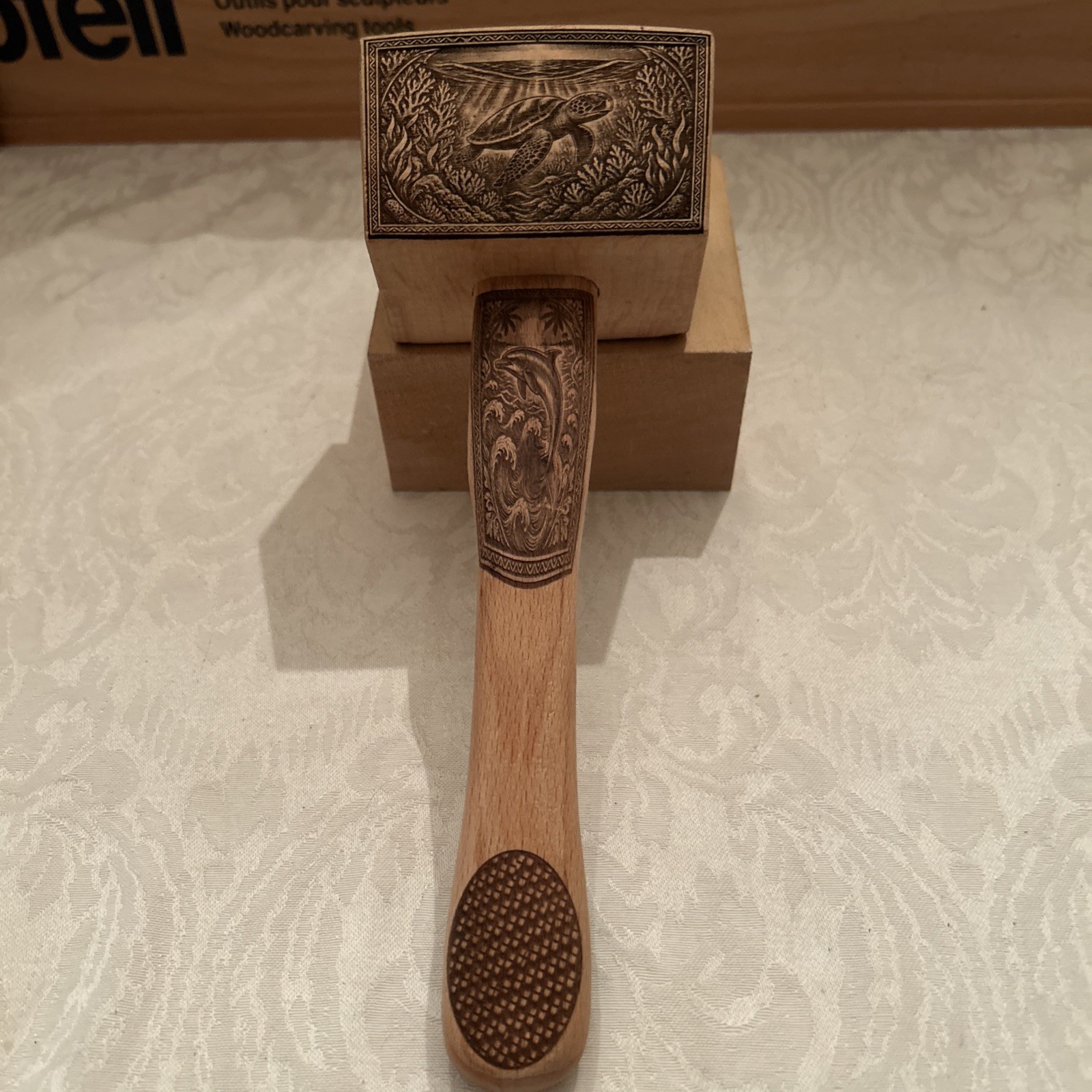 Ocean Life Wooden Carving Mallet Hammer Artisan Design Gunstock Burned Seaturtle