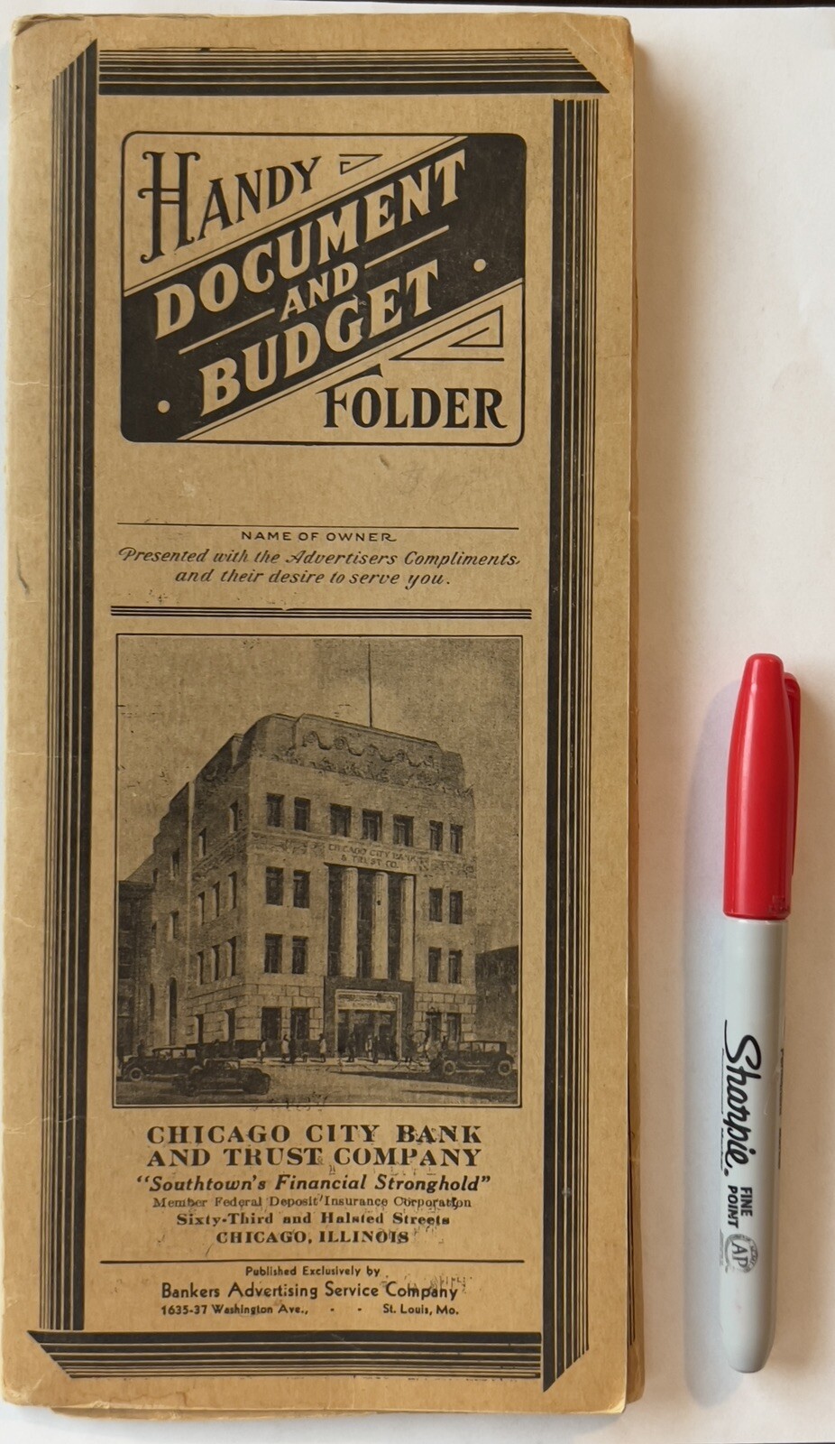 INTERESTING CHICAGO CITY BANK HANDY DOCUMENT AND BUDGET FOLDER, ADVERTISING