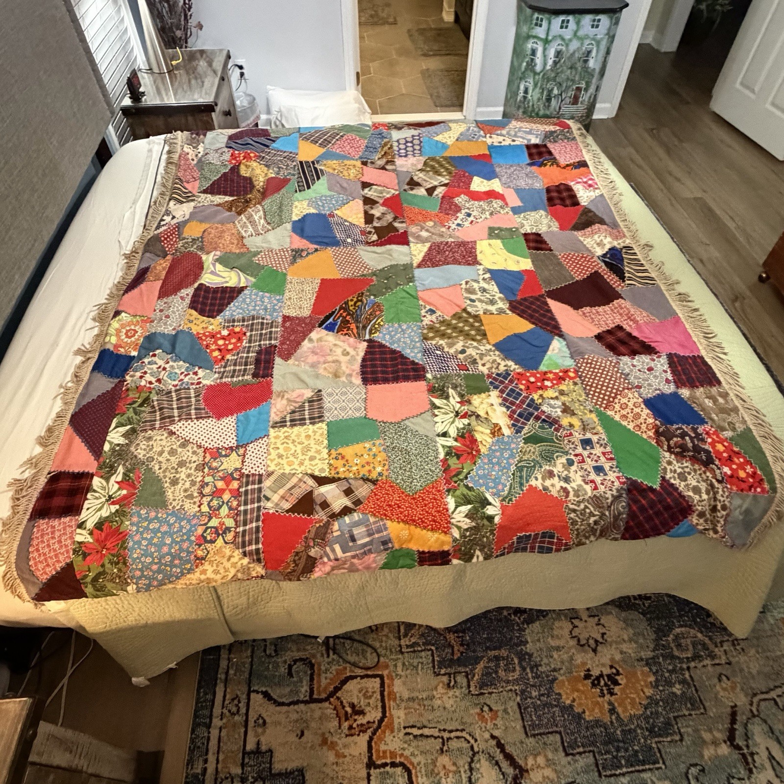 Vtg 70s Handmade Crazy Quilt 86x66 Fringe Patchwork Velvet Corduroy Boho Large