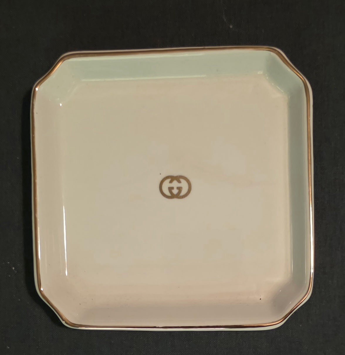 Gucci Vintage Ivory Gold Trim Square Signature GG Porcelain Ashtray Trinket Tray