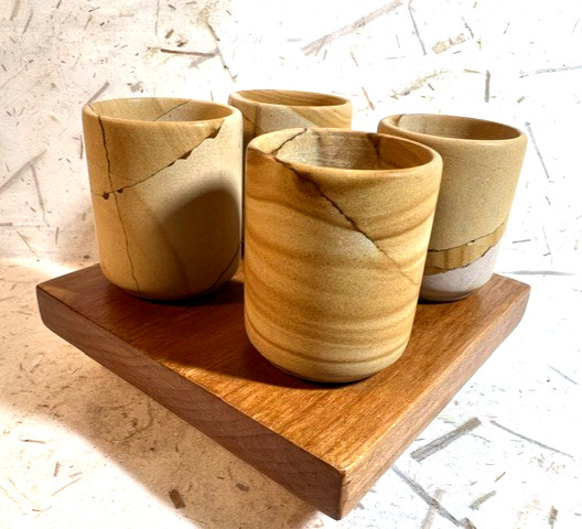 Vintage Japanese Nerikomi clay sake cups, Set/4, handmade Cherry wood stand, Exc Vintage Japanese Nerikomi clay sake cups, Set/4, handmade Cherry wood stand, Exc