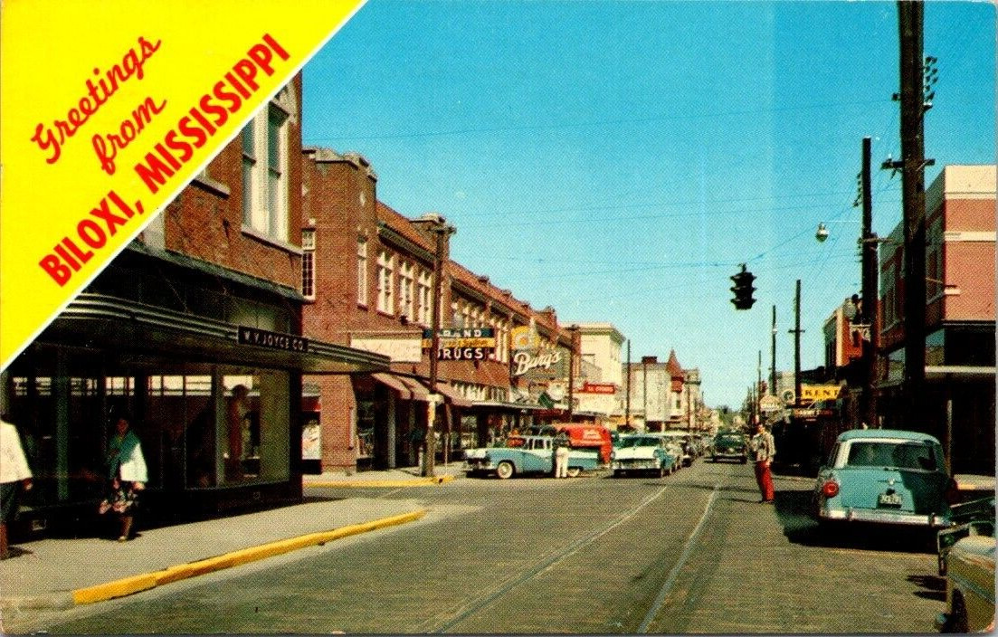 Greetings from Biloxi Miss. Howard Ave. Business Section Classic Cars Posted