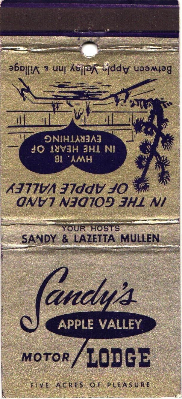 Sandy\'s Apple Valley Motor Lodge CA Vintage Matchbook Cover 1950s-60s Sandy\'s Apple Valley Motor Lodge CA Vintage Matchbook Cover 1950s-60s