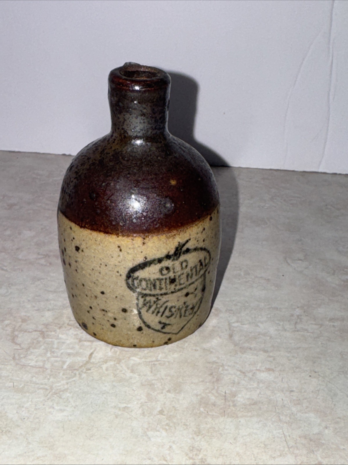 Antique Pre-Prohibition Mini Stoneware Jug Old Continental Whiskey Acorn Logo