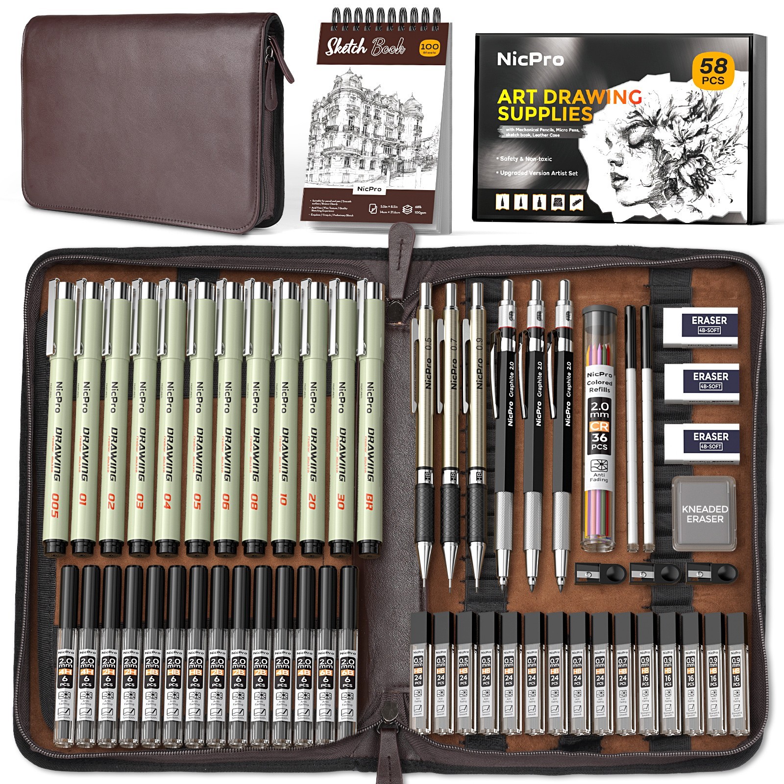 Nicpro 58PCS Metal Pencil Set in Leather Case: 0.5-2mm + 12 Pens + Sketch Book +