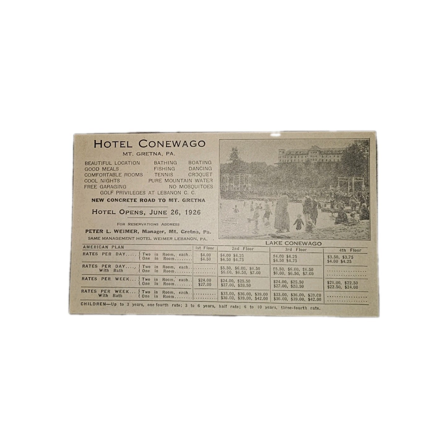 Hotel Conewago Post Card Mt. Gretna Pa. Benjamin Franklin Stamp 1926 Advertising