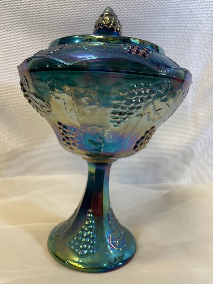 Vintage Indiana Carnival Glass Bowl Compote Lid – Iridescent Blue Harvest Grape Vintage Indiana Carnival Glass Bowl Compote Lid – Iridescent Blue Harvest Grape