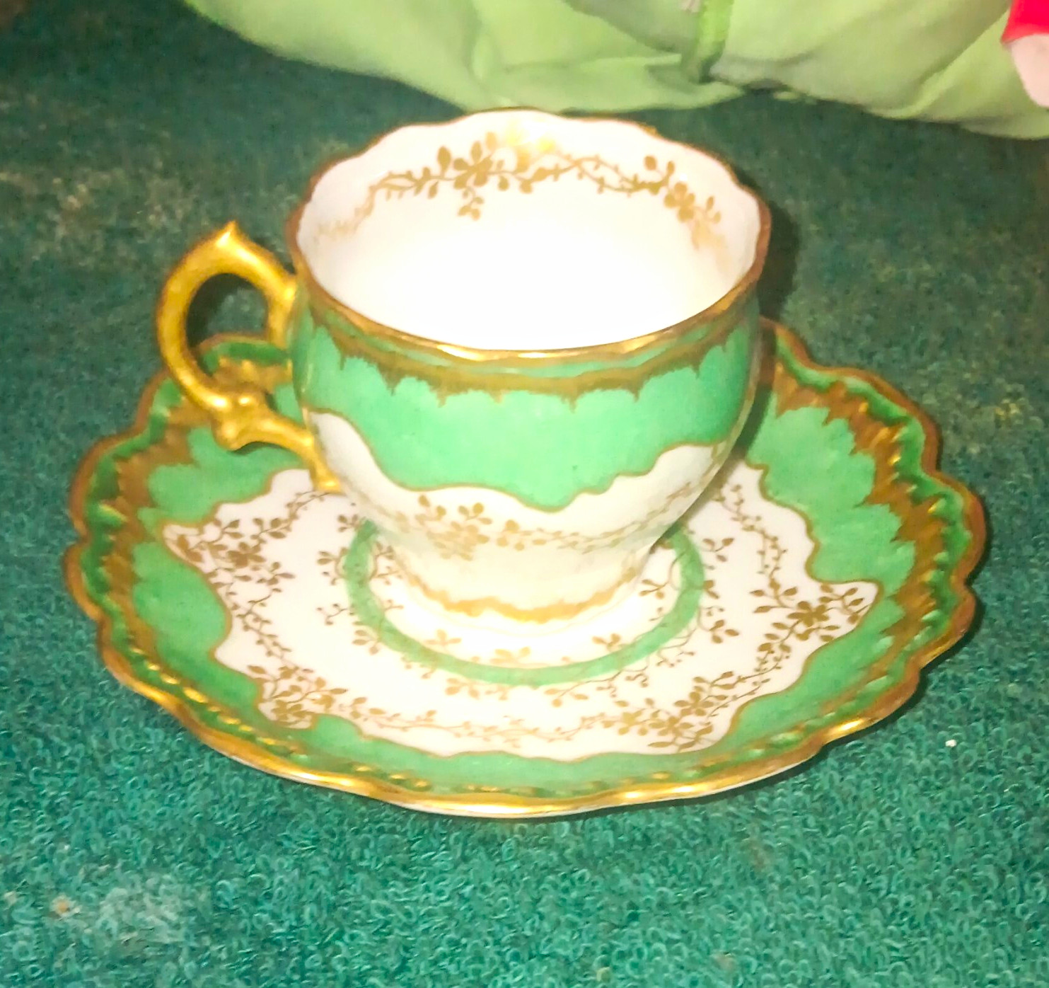 Antique Elite Limoges France Teacup & Saucer Set Raised Gold Paste & Seafoam Grn
