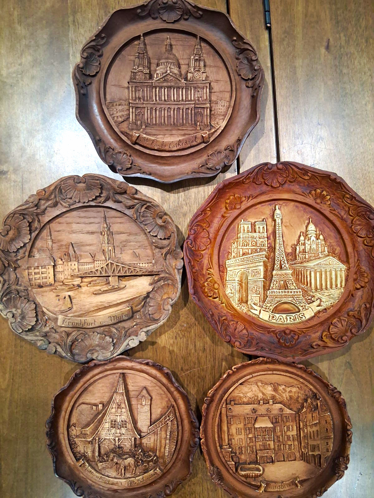 German Carved Wooden Souvenir Wall Plaques. Group Of 5. Names Of Each In Pics