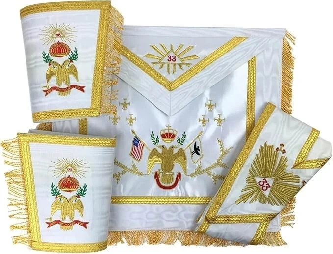 Masonic Scottish Rite 33rd Degree Apron Collar & Gauntlets Set Wings Down