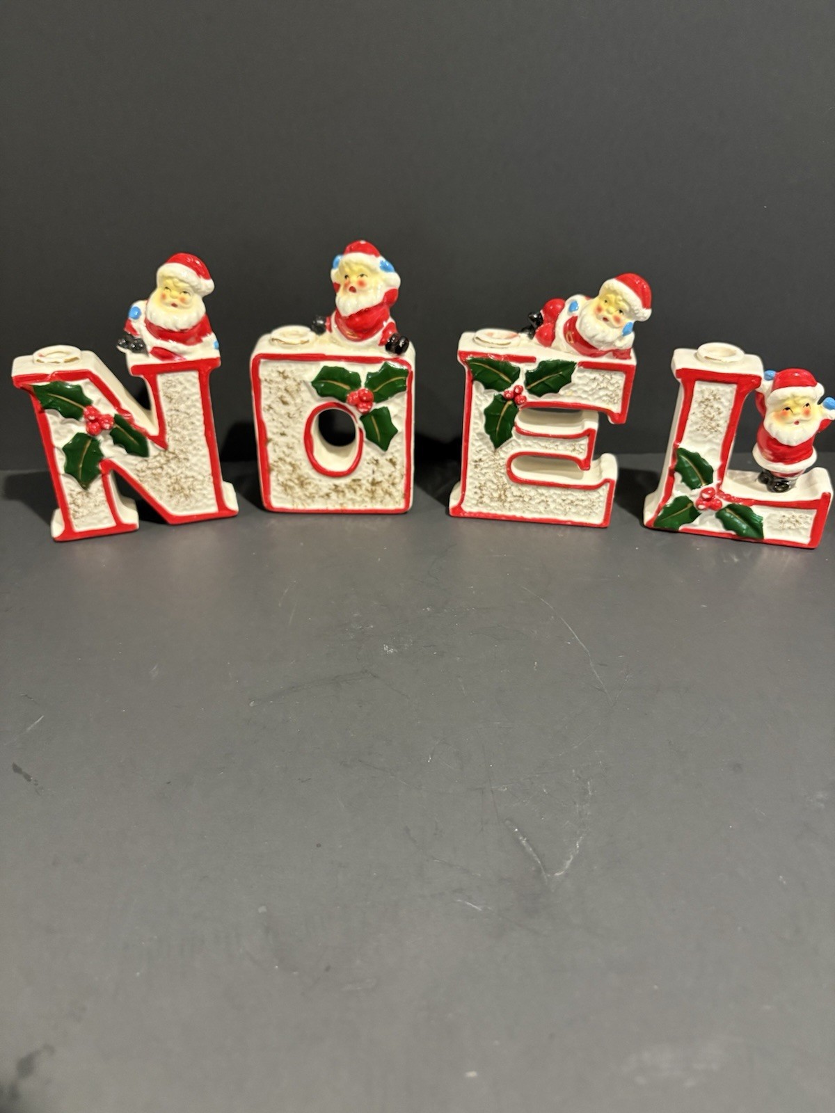 RARE Vintage Japan Christmas “NOEL”Letters Candle Holders Santa Ceramic Claus