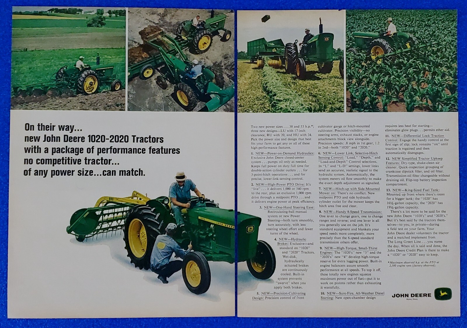 1967 JOHN DEERE 2 Pg PRINT AD 1020-2020 TRACTOR AMERICAN HEARTLAND FARM LEGEND