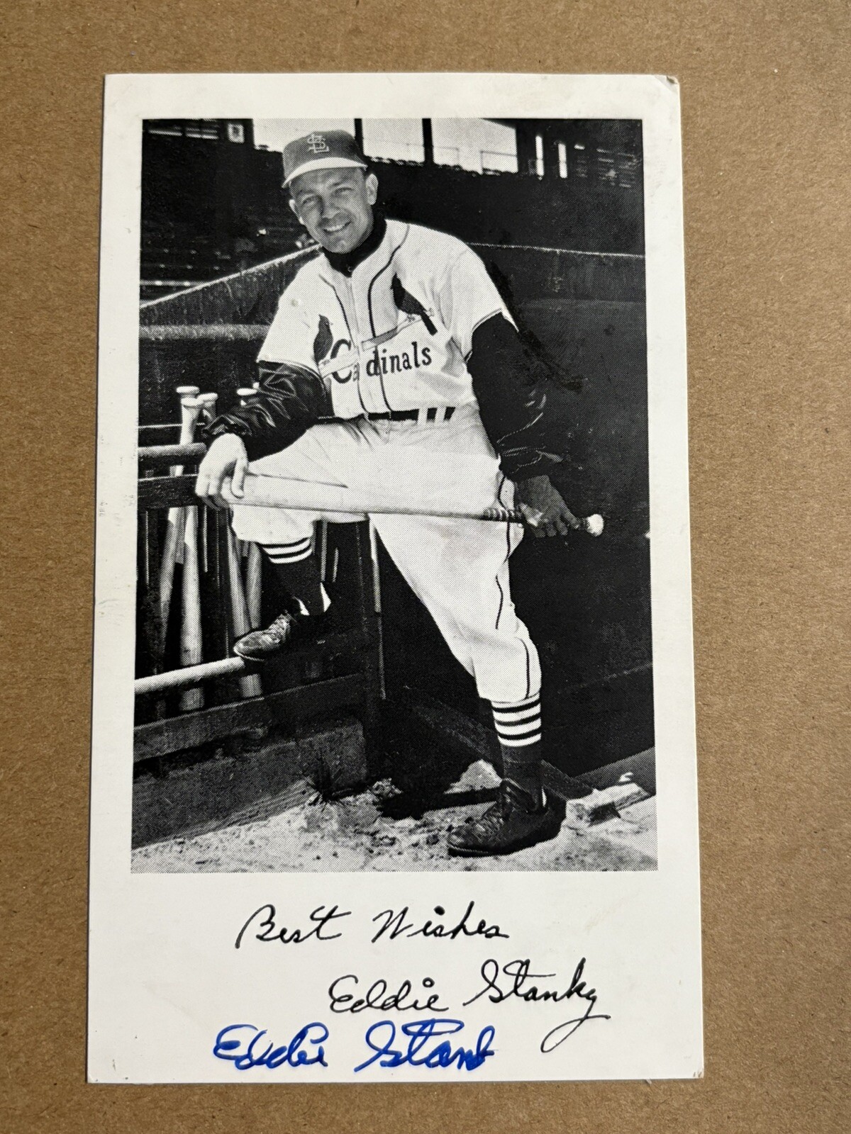 1953 EDDIE STANKY SIGNED CARDINALS TEAM ISSUE  POSTCARD  - POSTMARKED