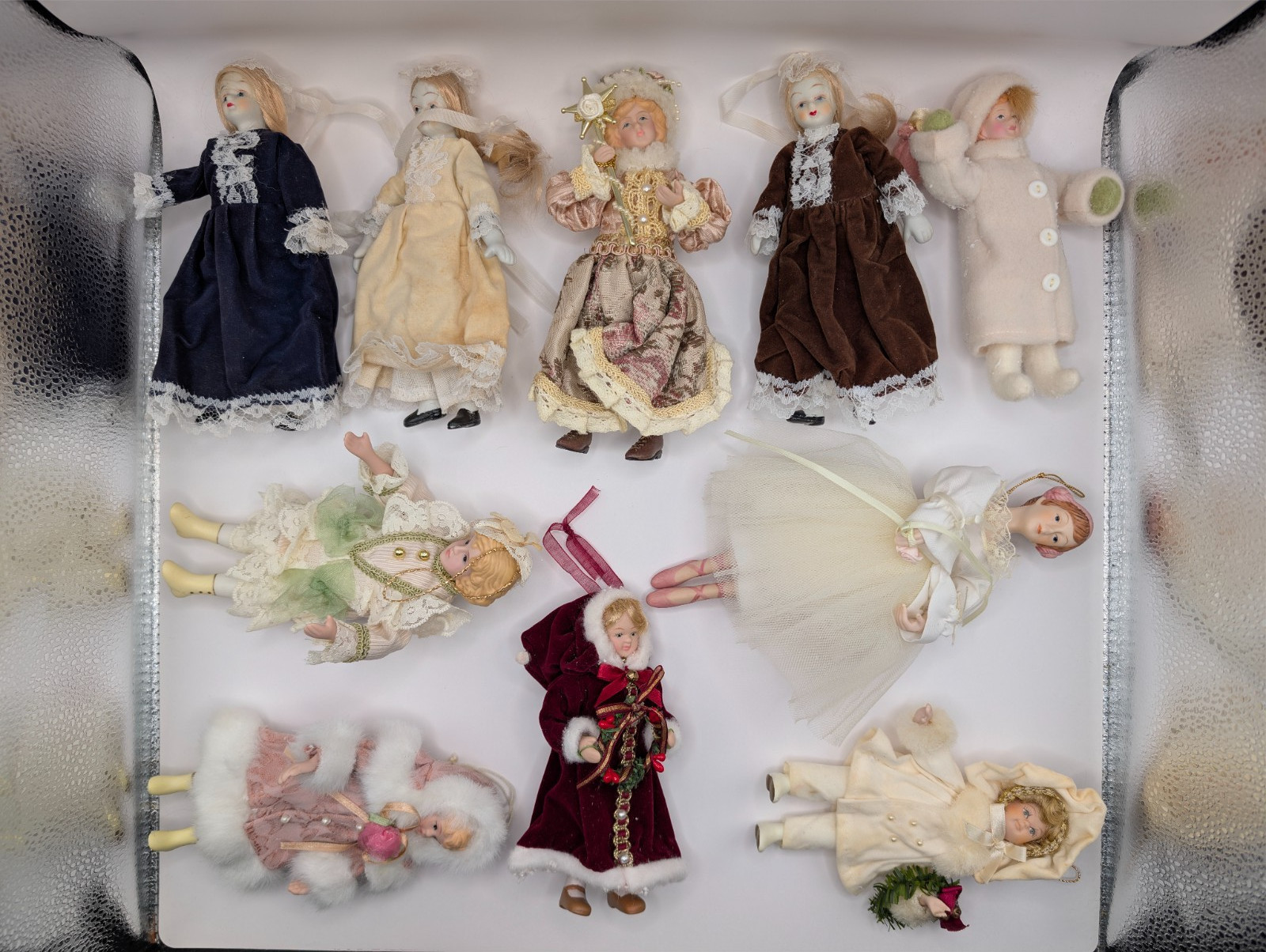Lot of 10 Victorian Style Christmas Dolls Ornaments - Avg Height 7\