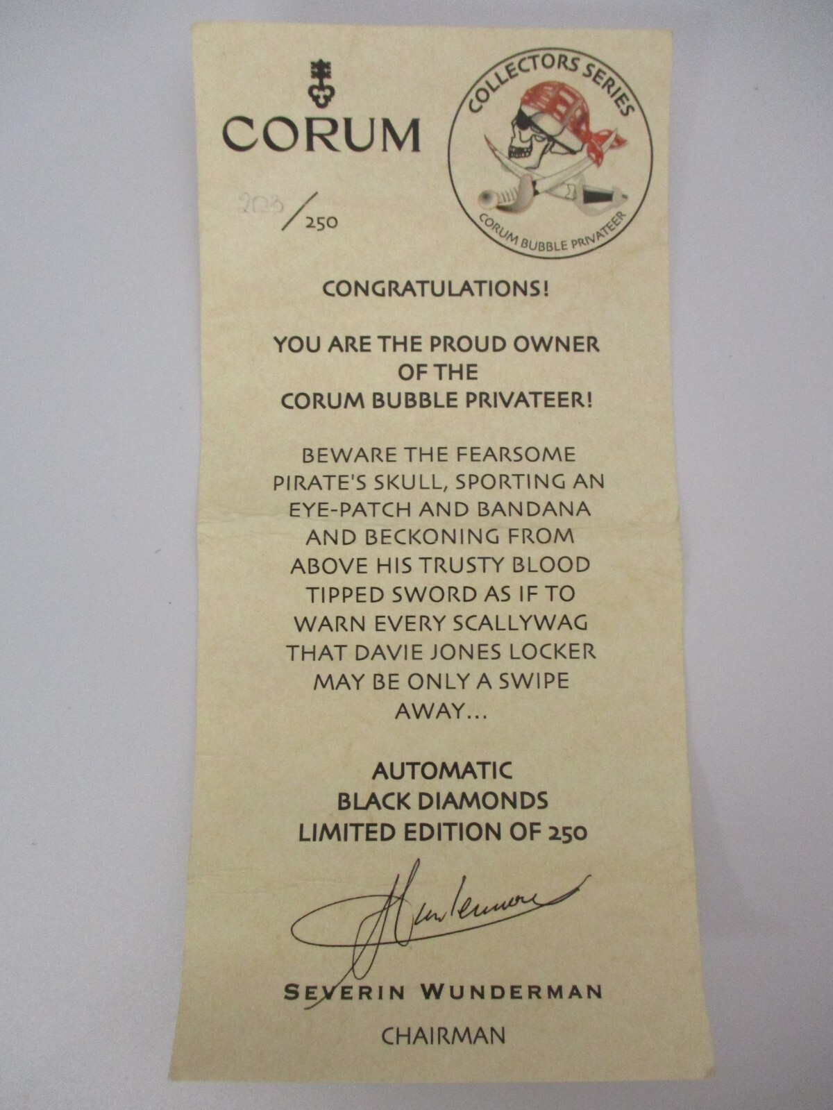 CORUM Bubble Privateer Auto Black Diamonds Limited Edition 250 Watch Certificate