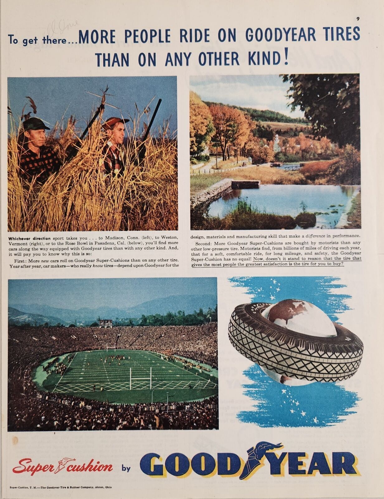 1951 Print Ad Goodyear Tires Duck Hunters & Rose Bowl Football Pasadena,CA