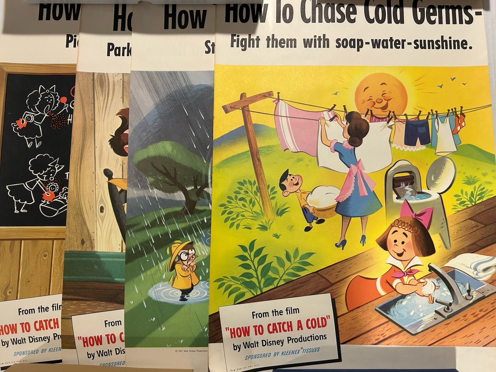 1951 Disney How to Catch a Cold Kleenex Educational Posters – Group of 4