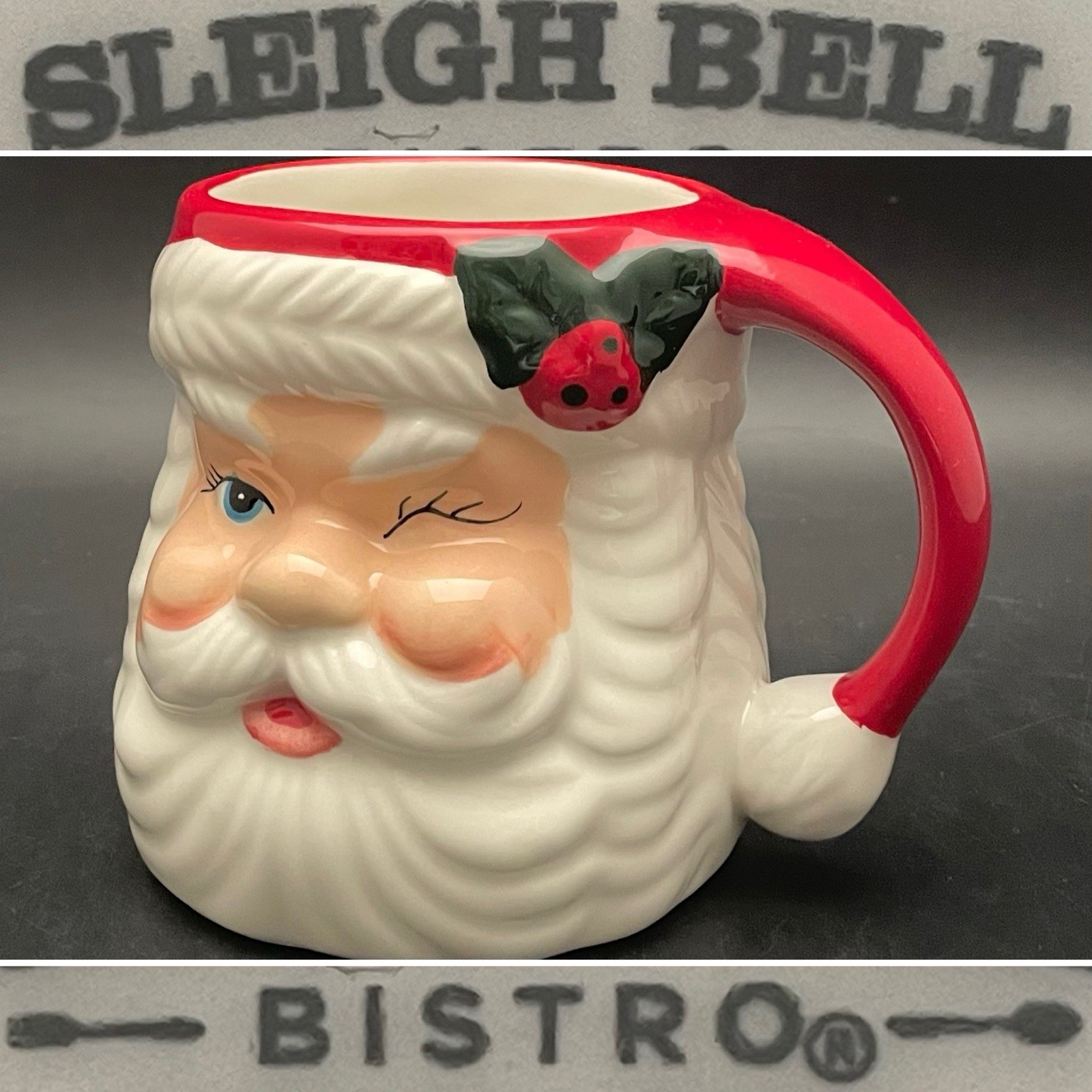 Sleigh Bell Bistro Blue Eye Winker Santa Ceramic Mug c2004 China 4.25\