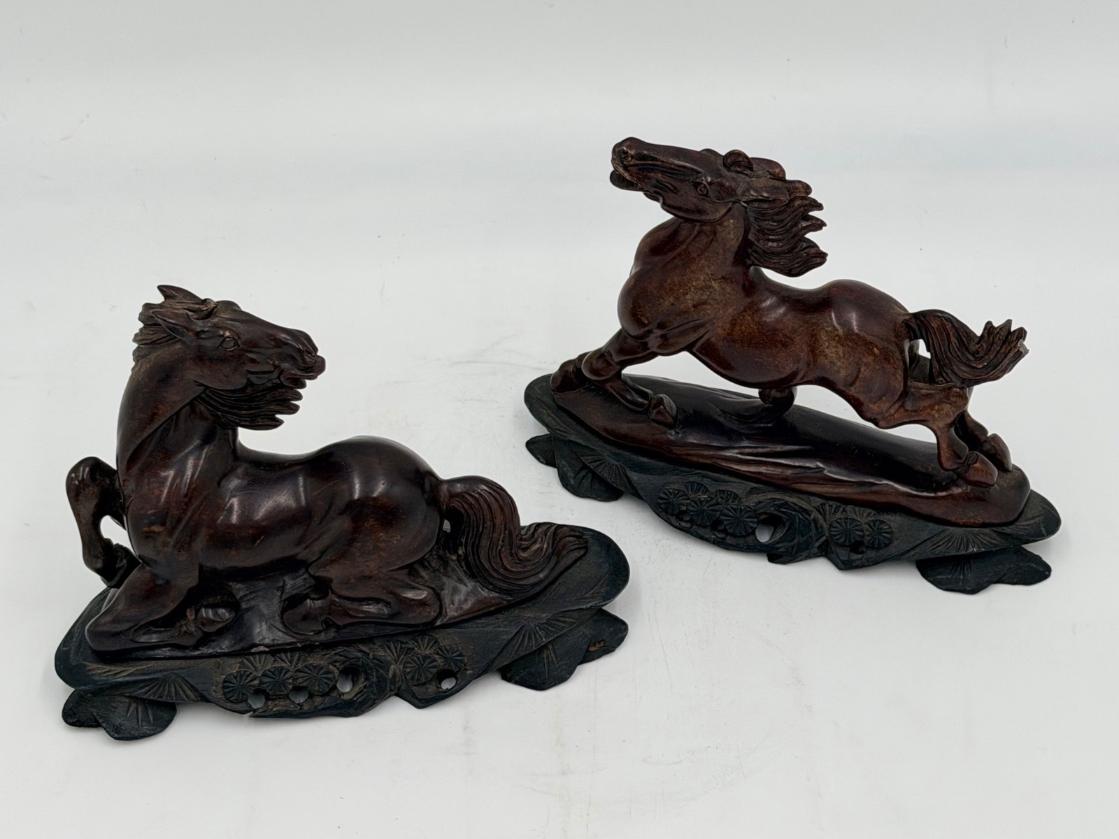 VTG Chinese Hand-Painted Metal Horse Sculptures - Mounted Hand-Carved Wood Bases