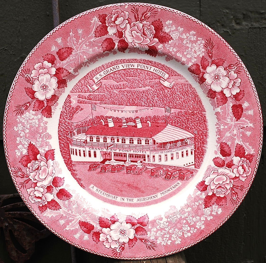 Vtg OLD STAFFORDSHIRE PINK TRANSFERWARE Dinner Plate GRAND VIEW POINT HOTEL BOAT