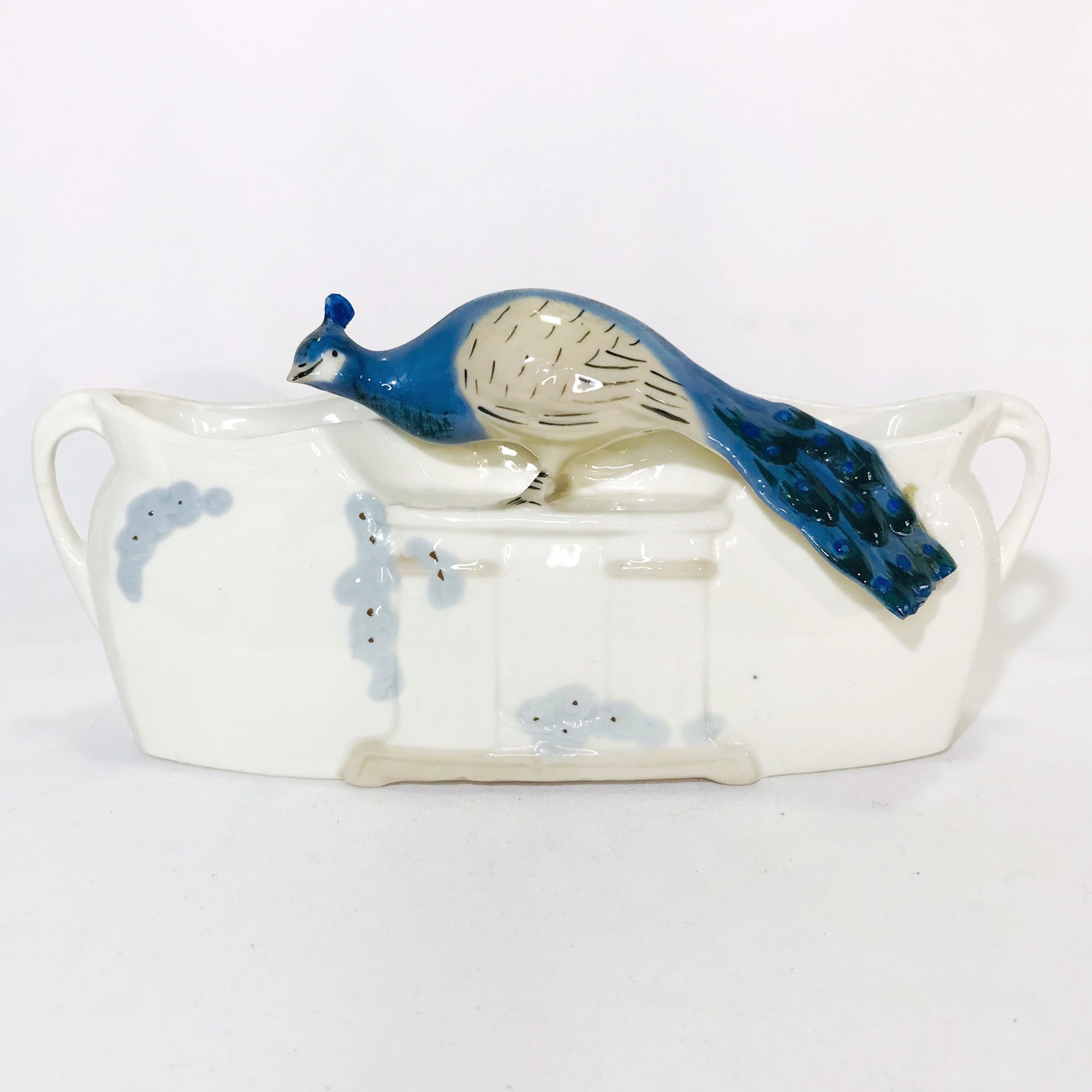 Peacock Standing on a Gate Porcelain Mail Holder Two Handled Vase