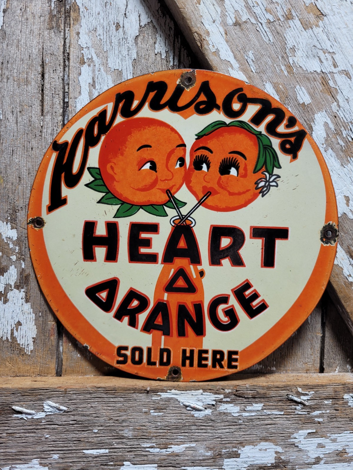 VINTAGE HARRISON PORCELAIN SIGN OLD HEART ORANGE SODA POP BEVERAGE JUICE DRINK 
