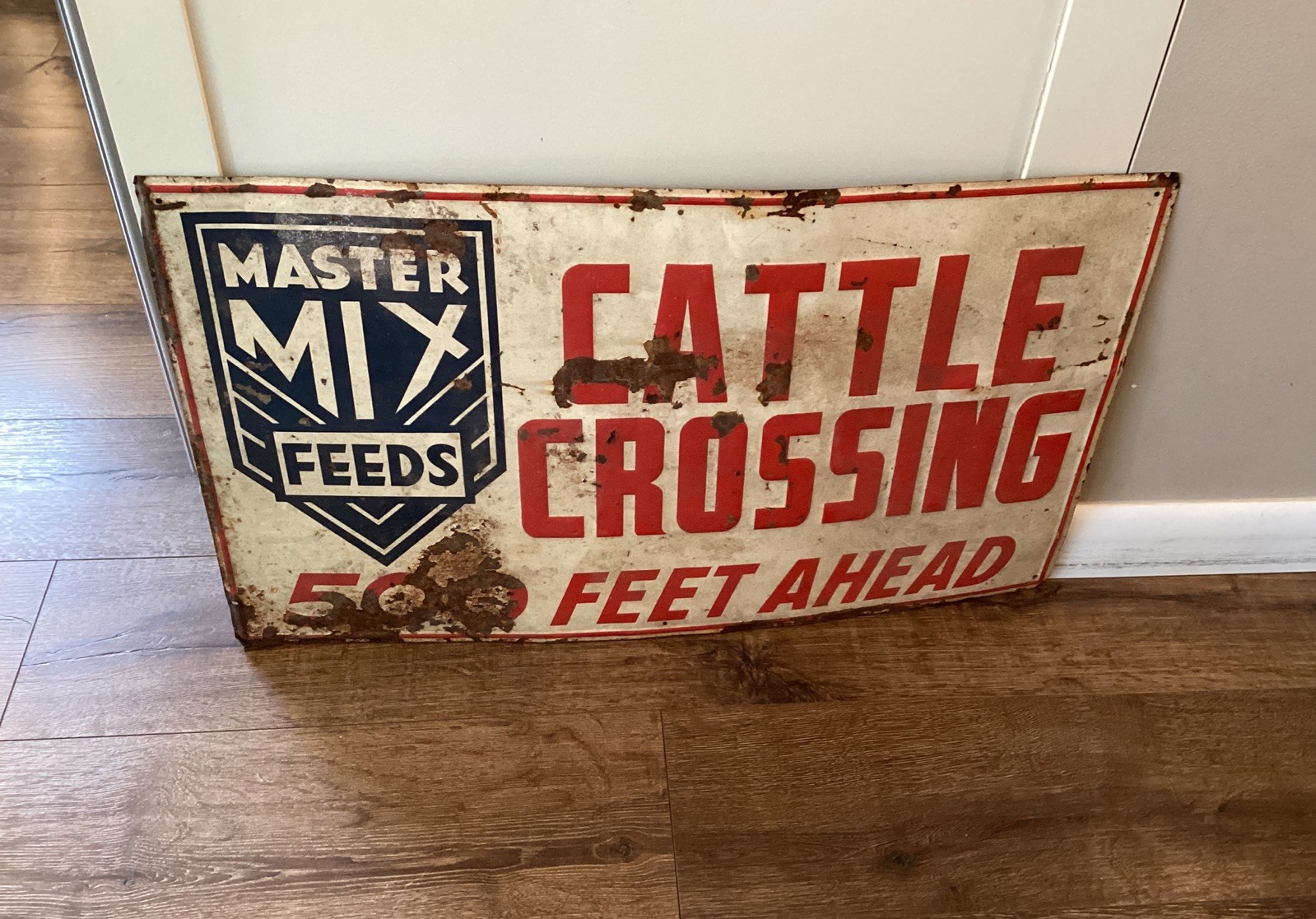 VINTAGE ORIGINAL EMBOSSED MASTER MIX FEEDS METAL CATTLE CROSSING FARM SIGN