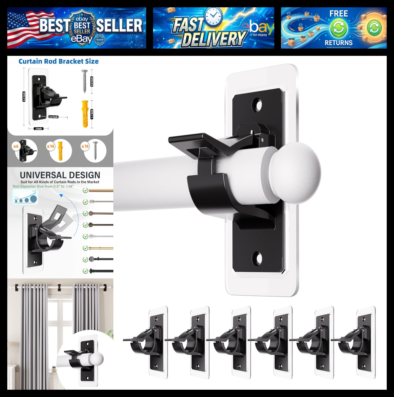 6 Pack Self Adhesive Rod Brackets, No Drill Needed Curtain Rod Holders, Nail Fre