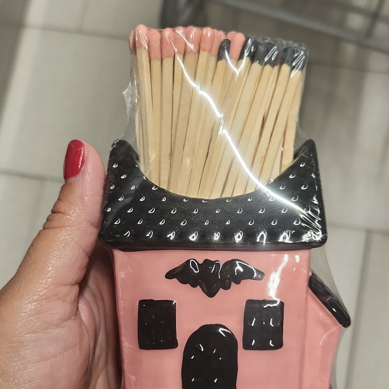Kirkton House Ceramic House Match Holder Pink & Black w/ 60ct Safety Matches