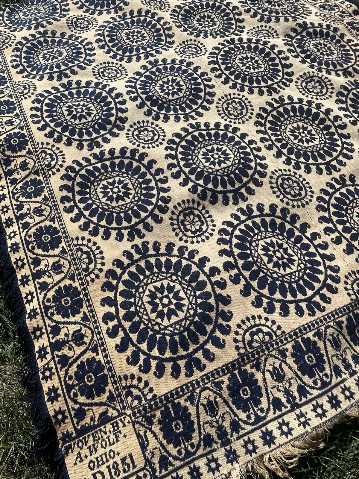Blue Antique Reversible Coverlet Ohio Stars, Flowers Woven by A. Wolf c.1851