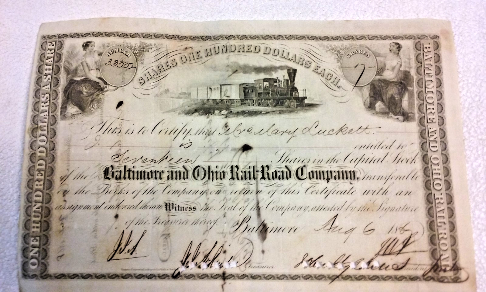 Aug 6, 1867 Johns Hopkins signed B&O Railroad Stock Certificate Hospital Founder