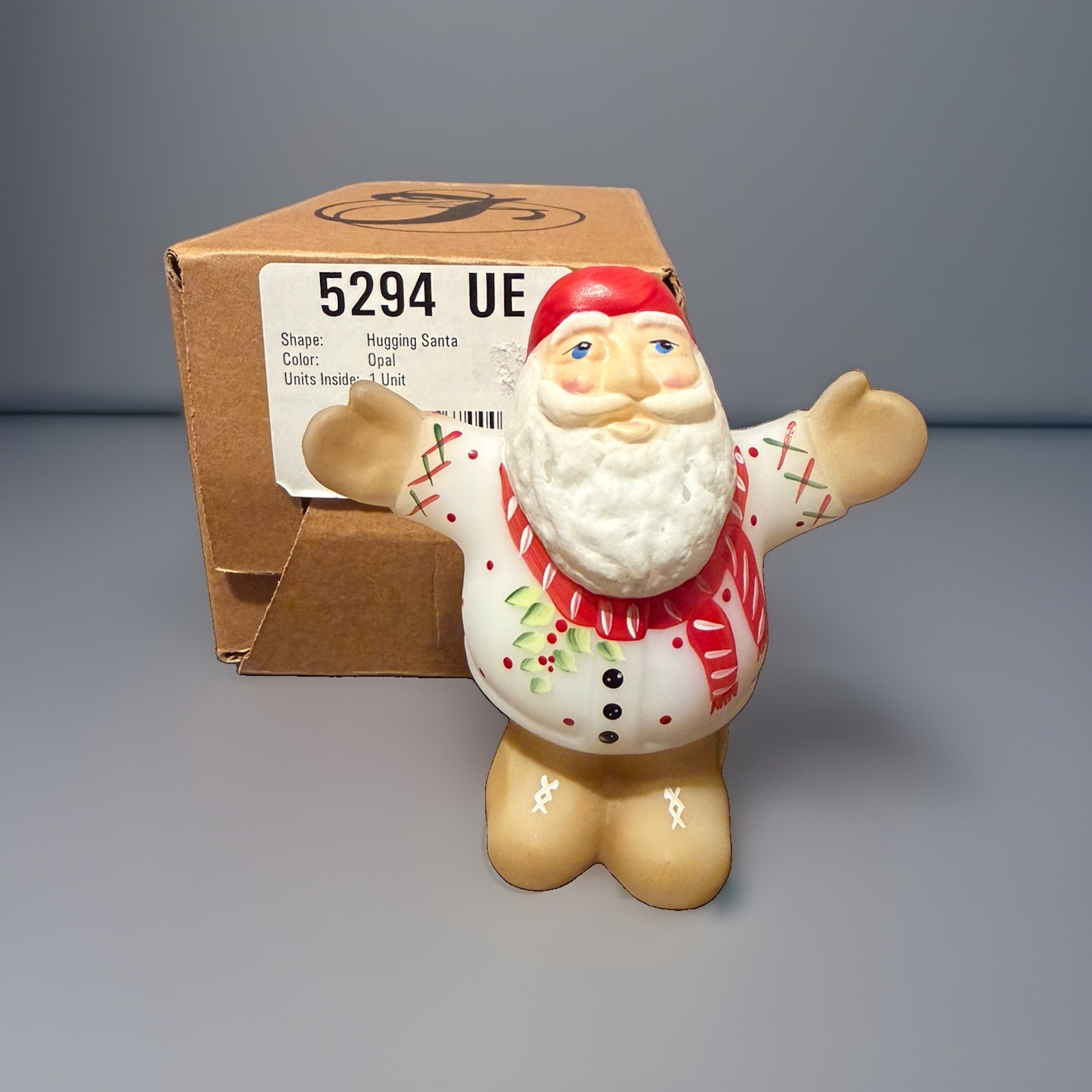 Fenton Art Glass Hugging Santa Opal Satin 5294 UE Hand Painted Box