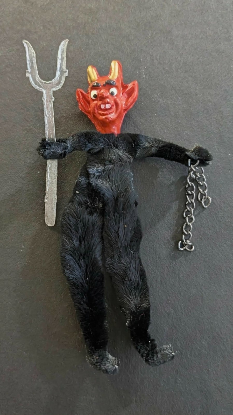 Vtg German Halloween Chenille Composition DEVIL Figure Pitchfork Chain 10